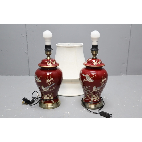 727 - A Pair of Oriental Style Crimson and Brushed Metal Bird and Floral Table Lamps, Approx 25