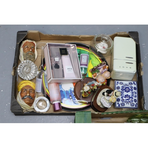 785 - A Mixed Lot (Two Boxes) To Include Bossons Heads, Clarice Cliff Style Plate, Designer Jewellery Piec... 