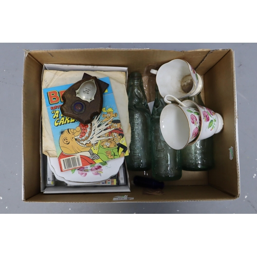 746 - Mixed Box to Include Three Vintage Glass Bottles, Beano Fatty and The Bash St.Kids Book, Wigan &... 