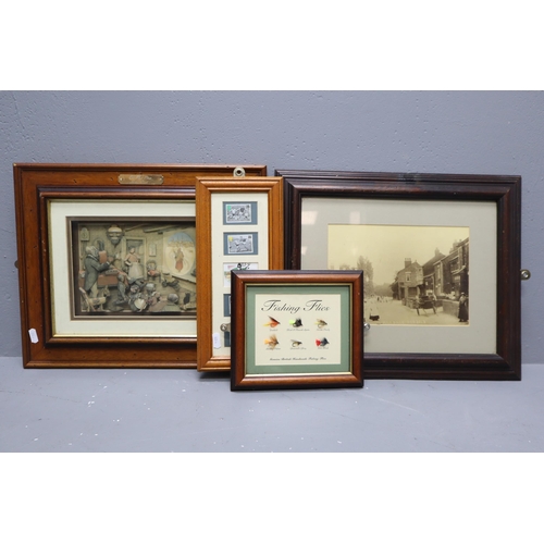 754 - A Selection of Four Framed and Glazed Pieces. To Include Hilldale Parbold Photograph, Football Stamp... 