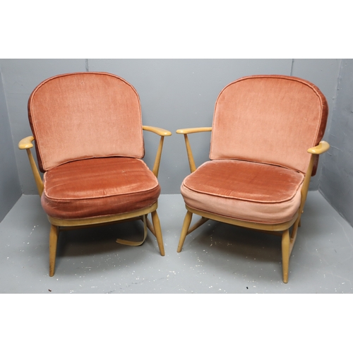 595 - Matching Pair of Vintage 1960's Ercol 204 Armchairs with original Upholstered Cushions and Web Strap... 