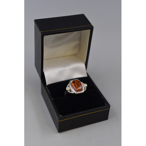 39 - Silver 925 Amber Stoned Ring Complete with Presentation Box