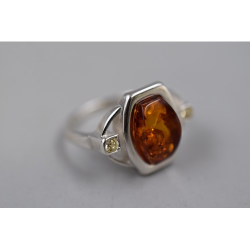 39 - Silver 925 Amber Stoned Ring Complete with Presentation Box