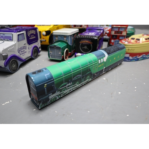 403 - Collection of Eleven Collectors Biscuit Tins to include Trucks, Buses, Trains, Vans, Boat and Racing... 