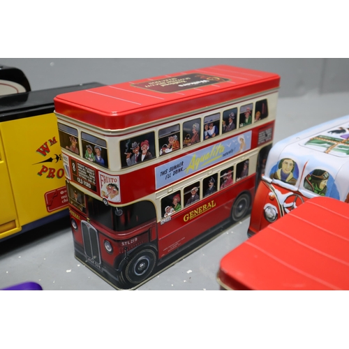 403 - Collection of Eleven Collectors Biscuit Tins to include Trucks, Buses, Trains, Vans, Boat and Racing... 