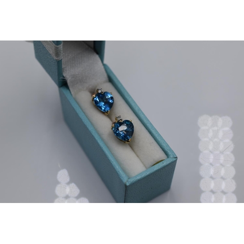 47 - A Hallmarked 9ct (375) Gold Diamond and Aquamarine Heart Stoned Earrings