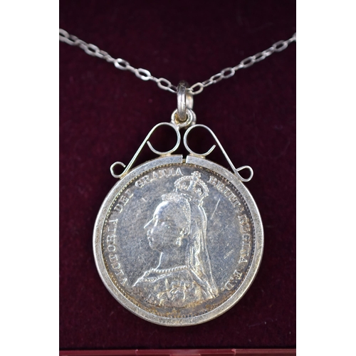 1 - Queen Victoria Jubilee Head Silver 1887 Shilling with Chain Complete with Presentation Box