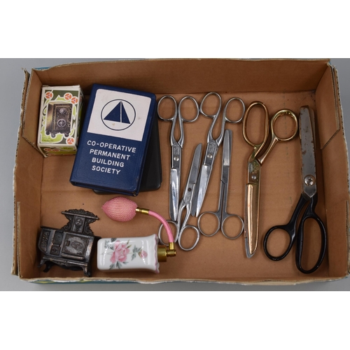 132 - Mixed Tray Including Vintage Scissors, Die-Cast Safe Pencil Sharpener and More