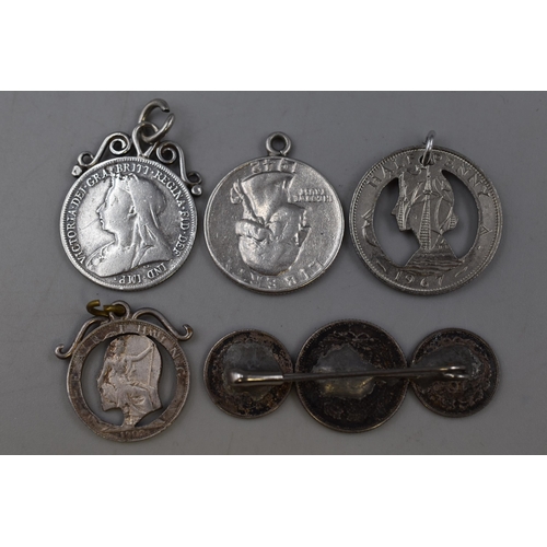 44 - Selection of Mainly Silver Coinage Converted into Pendants and Brooch