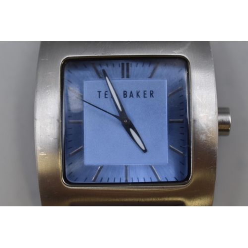 58 - A Ted Baker Gents Blue Dial Quartz Watch, With Leather Strap. Working