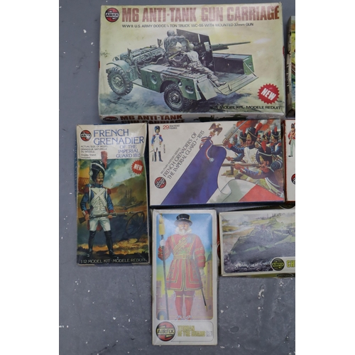 156 - A Selection of Nine Vintage Boxed Airfix Model Kits. Includes M6 Anti-Tank Gun Carriage, Battle of W... 