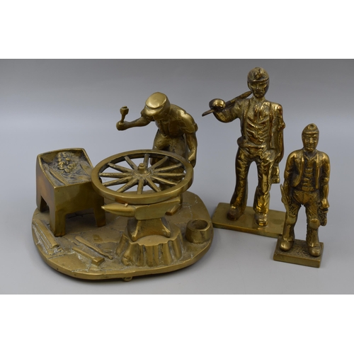 287 - A Brass Blacksmith Figure, With Two Brass Coalminer Figures. Tallest Approx 7.5