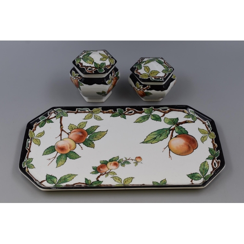 258 - Wedgwood Peach Design Ceramic Dressing Table Set to include tray and two pots