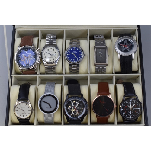 89 - Ten Gents Quartz Watches In Faux Black Leather Presentation Box. Includes Loris, Ben Sherman, Sekond... 