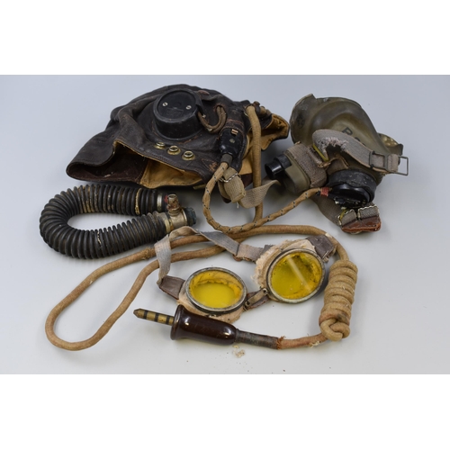 294 - An RAF WWII G Type Oxygen Face Mask, With C Type RAF WWII Leather Helmet, And A Pair of WWII Yellow ...