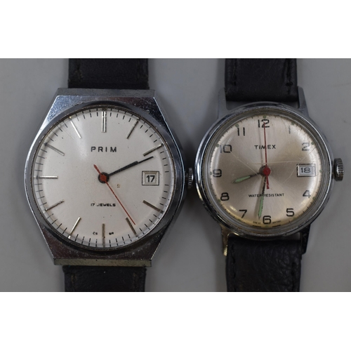 90 - Two Mechanical Gent's Day/Time Watches To Include Prim 17 Jewels, And Timex. Working