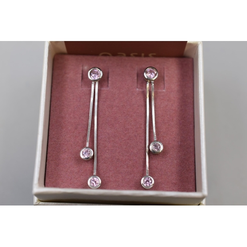 92 - Three Pairs of Silver 925, Pink Stoned Dangly Earrings Complete in Presentation Boxes