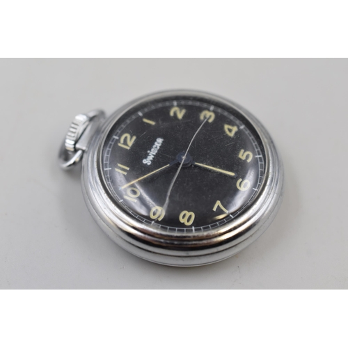 96 - A Swiscor Mechanical Pocket Watch, In Working Order (Damaged Glass)