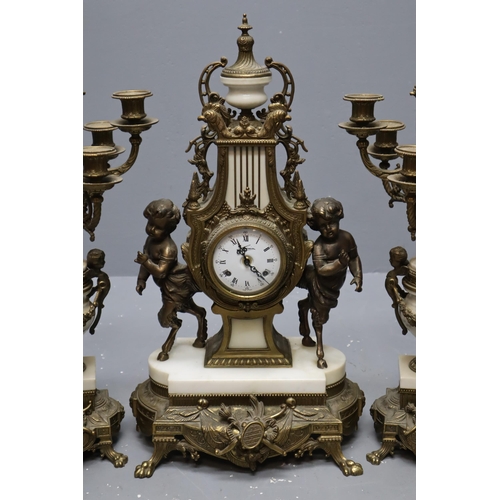 300 - Antique Marble And Brass Italian Styled Clock (In Working Order) With Faun Children on Each Side, An... 