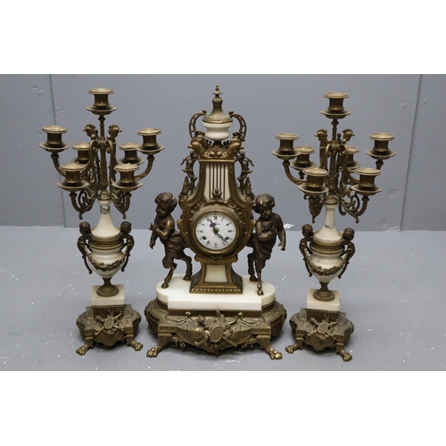 300 - Antique Marble And Brass Italian Styled Clock (In Working Order) With Faun Children on Each Side, An... 