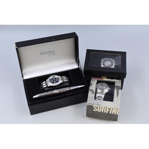 115 - Three Boxed Watches to Include Henley, Bench and Gul, Henley Watch Comes With a Pen (All Working)