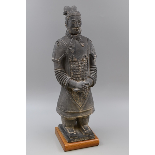 286 - Authentic Chinese Terracotta Warrior Figure Standing on Wooden Plinth (19