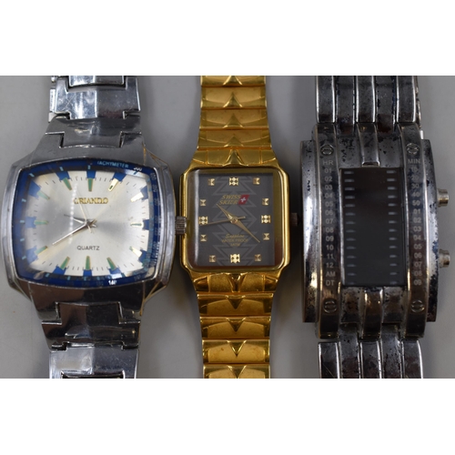 119 - Three Gent's Quartz Watches To Include Orlando, Swiss Skier, And Unusual Digital. Working