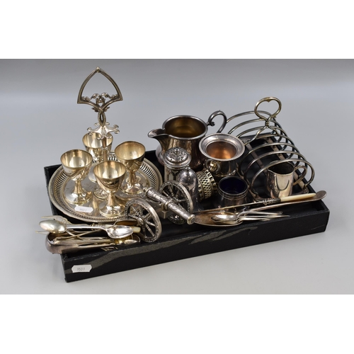 122 - A Selection of Vintage Silver Plated Items To Include Toast Rack, Cannon, Cutlery, Napkin Ring, And ... 