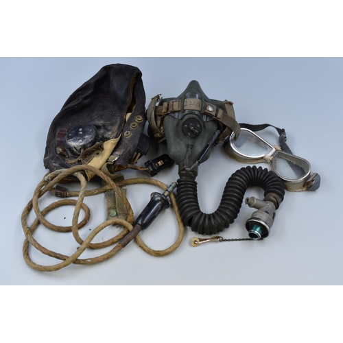 313 - A WWII RAF H Type Oxygen Mask, With WWII RAF C Type Leather Helmet, And Pair of WWII Flight Goggles.... 