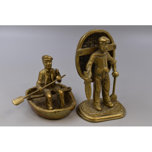 213 - Two Brass Figures of Men With Coracle Boats, Includes Fisherman and Paddling. Tallest Approx 6