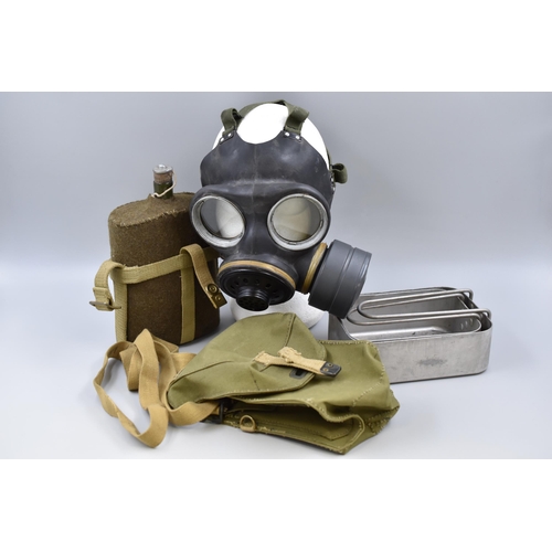 221 - Selection of 1940's Items to Include English Watercan, Two Tins and a Gasmask Complete With Carry Ba... 