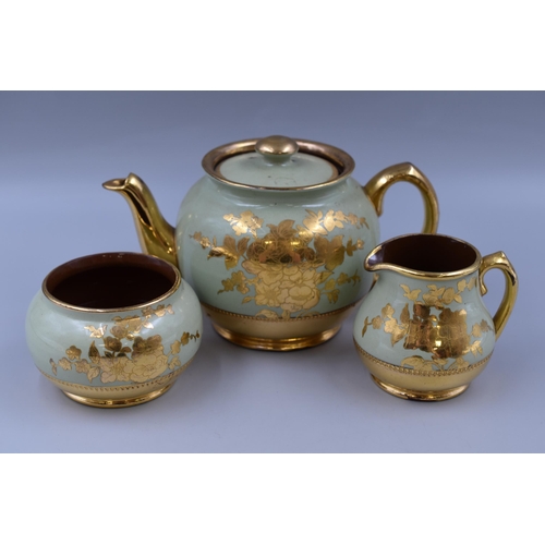 236 - A Three Piece Sadler Staffordshire Gold and Pastel Green Tea Service (Teapot, Milk Jug, And Sugar Bo... 