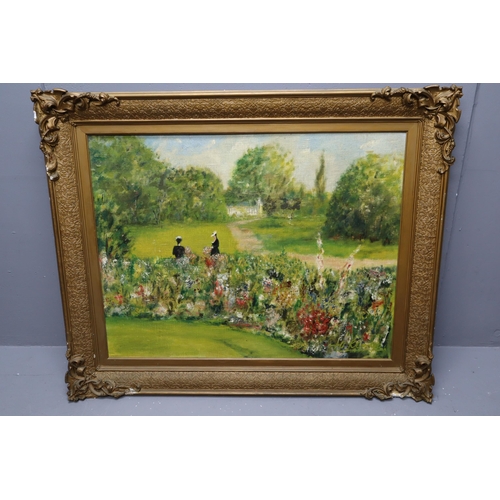 340 - Large Oil Painting On Board, Gilt Frame, People Talking In Flower Garden Signed By Artist but Unknow... 