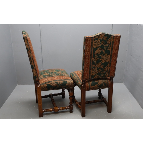 548 - Matching Pair of Mid Century Solid Oak Country House Upholstered Highback Chairs Decorated with Deli... 