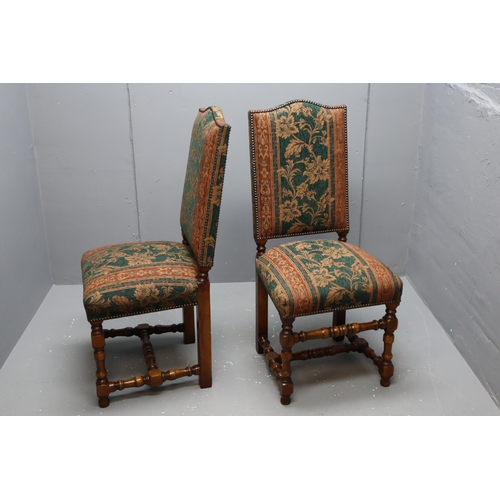 548 - Matching Pair of Mid Century Solid Oak Country House Upholstered Highback Chairs Decorated with Deli... 