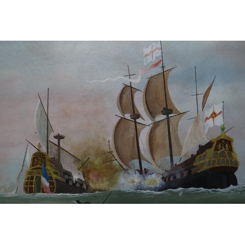 374 - Two Original Oil on Board Paintings of 18th Century Nautical Scenes entitled Royal Sovereign and Tra... 