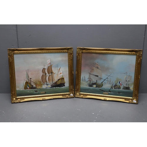 374 - Two Original Oil on Board Paintings of 18th Century Nautical Scenes entitled Royal Sovereign and Tra... 