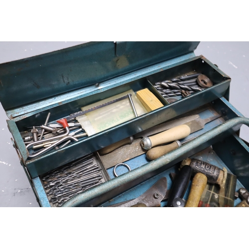 600 - Metal Cantilever Tool Box complete with Tools including Thor Hammer, Spanners, Qualcast, and More