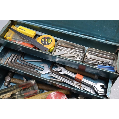 600 - Metal Cantilever Tool Box complete with Tools including Thor Hammer, Spanners, Qualcast, and More