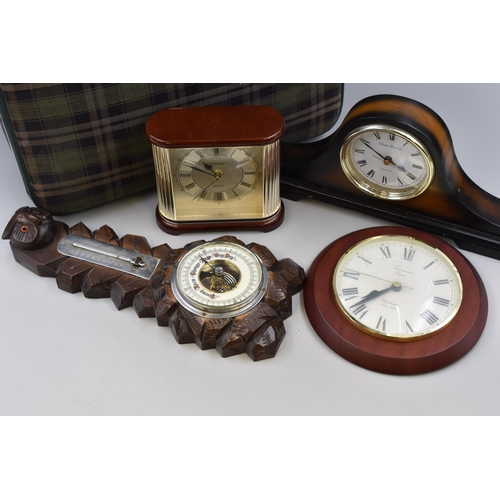 732 - Vintage Travel Case Complete with a Collection of Vintage Mantle and Wall Clocks plus a Barometer