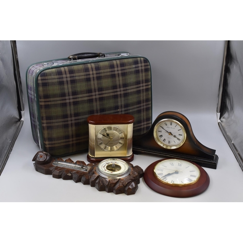 732 - Vintage Travel Case Complete with a Collection of Vintage Mantle and Wall Clocks plus a Barometer