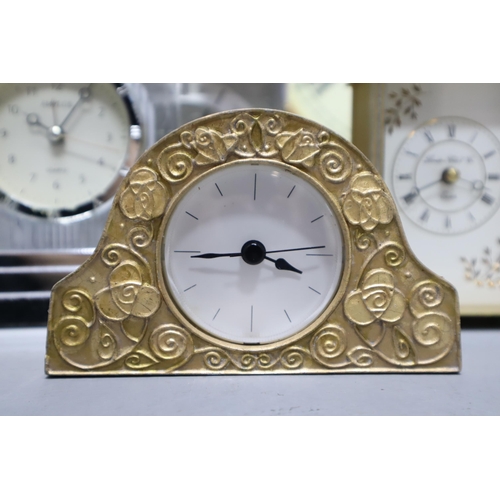 655 - A Selection of Six Quartz Mantle Clocks, And Two Quartz Wall Clocks To Include Anysley, Metamec, Amp... 