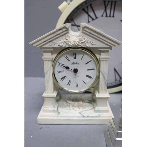 655 - A Selection of Six Quartz Mantle Clocks, And Two Quartz Wall Clocks To Include Anysley, Metamec, Amp... 