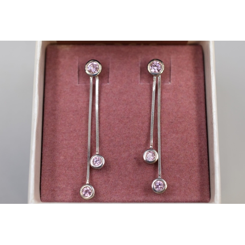 91 - Three Pairs of Silver 925, Pink Stoned Dangly Earrings Complete in Presentation Boxes