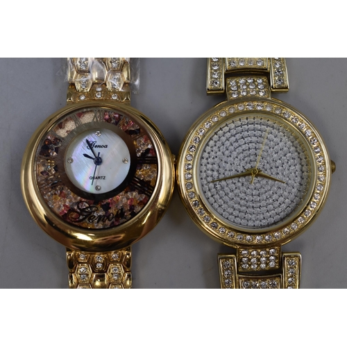 116 - Two New Ladies Designer Gold Tone Watches, Includes Genoa and Other. Both Working