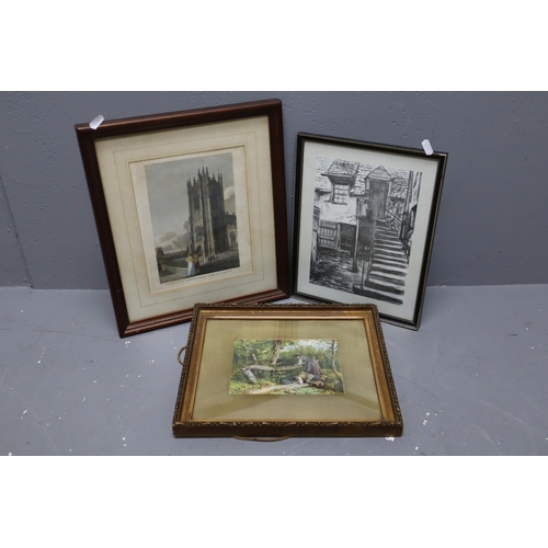 672 - Three Framed Pictures to include Limited Print of Aberdeen Tenements, Manchester Collegiate Tower an... 