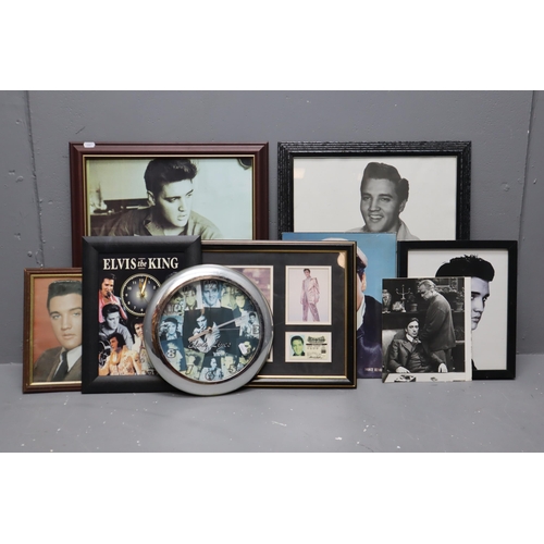 682 - Selection Elvis Memorabilia to Include Nine Photographs All Framed but Four and Two Clocks (Tallest ... 