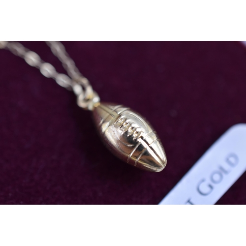 14 - A 9ct Gold American Football Pendant Necklace, In Presentation Box. Tangled Chain