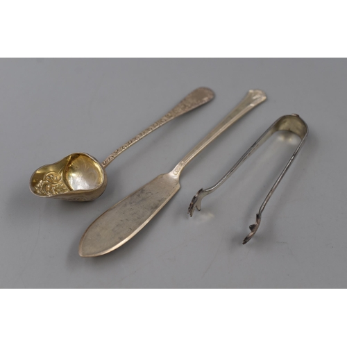 20 - Silver Birmingham Hallmarked Sugar Spoon, Butter Knife and Sugar Cube Picker