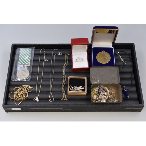 127 - Mixed Collectors Tray including Medal, Ring, Silver, and More